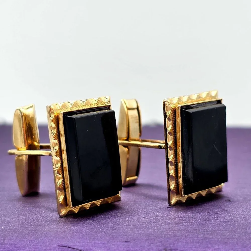 VTG Gold Finish Postage Stamp Rectangle Black  MCM Mid Century Modern Cuff Links